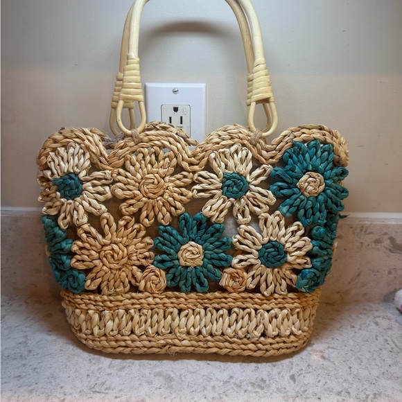 Haute Hippie Handbags - Haute Hippie Natural and Teal Handwoven Floral Tote